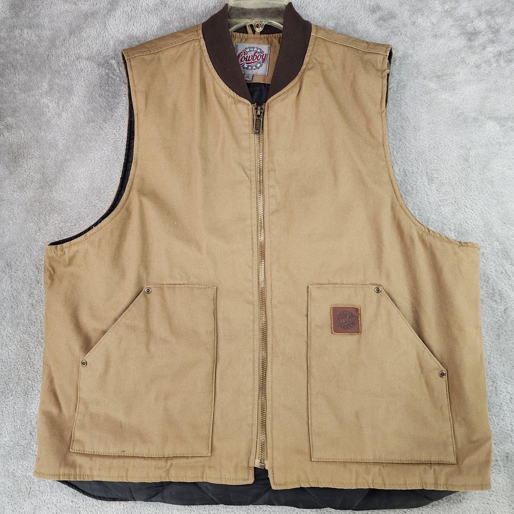 Cowboy‎ Vest Mens XL Brown Canvas Quilted Duck Workwear Utility Full Zip Western
